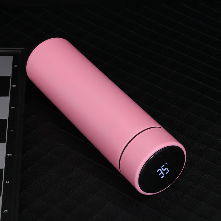 Smart stainless steel bottle that keeps drinks hot or cold for hours, with a built-in LED temperature display.