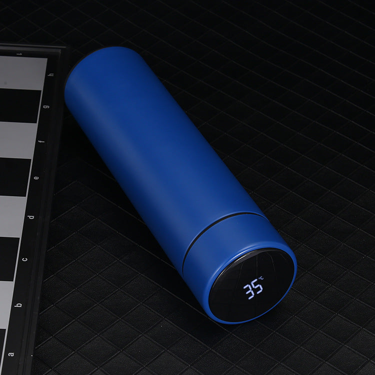 Smart stainless steel bottle that keeps drinks hot or cold for hours, with a built-in LED temperature display.