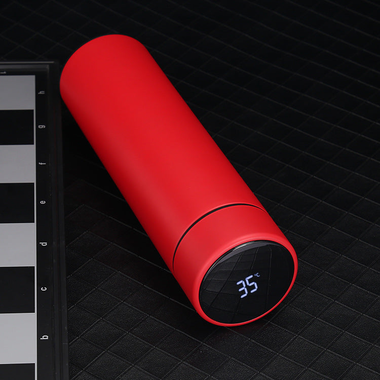 Smart stainless steel bottle that keeps drinks hot or cold for hours, with a built-in LED temperature display.