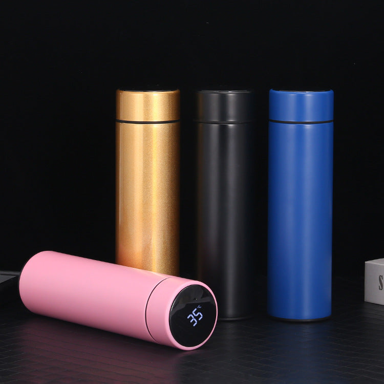 Smart stainless steel bottle that keeps drinks hot or cold for hours, with a built-in LED temperature display.